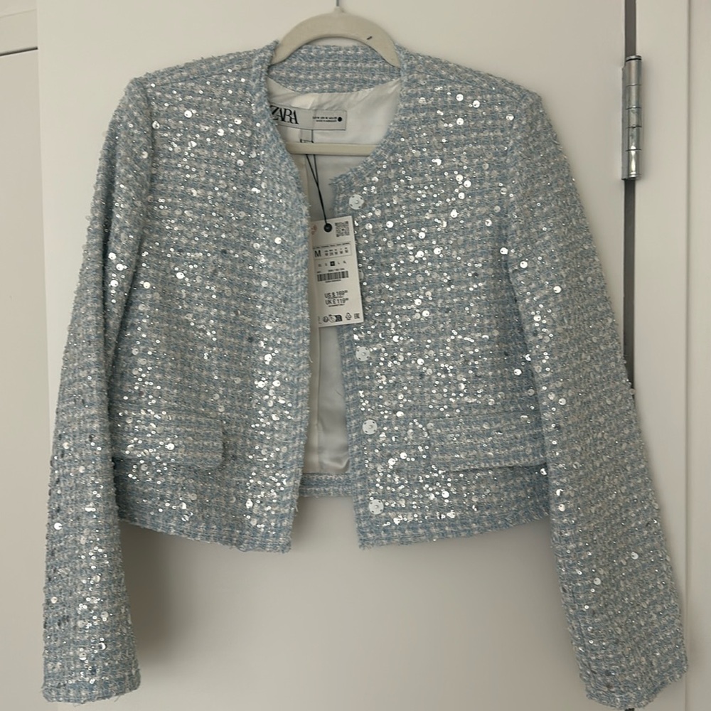 Zara light blue sequined jacket NWT medium